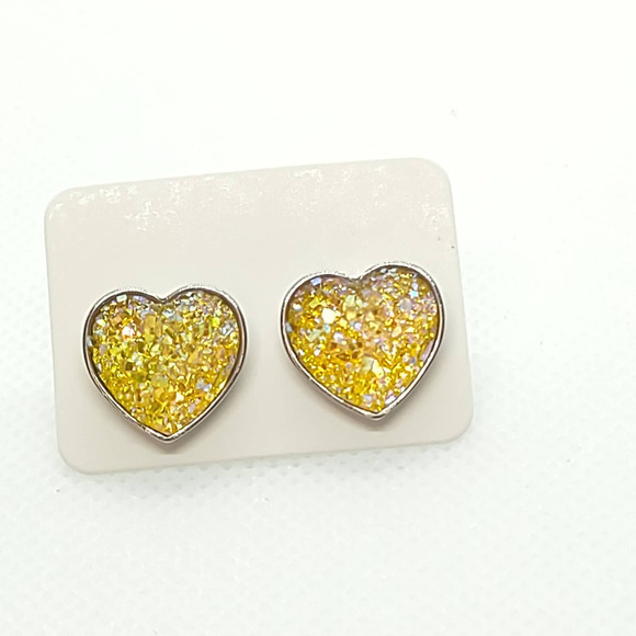 5/$25 Yellow Heart Shaped Druzy Earring Iridescent Studs Hearts Glitter NEW - Picture 4 of 7